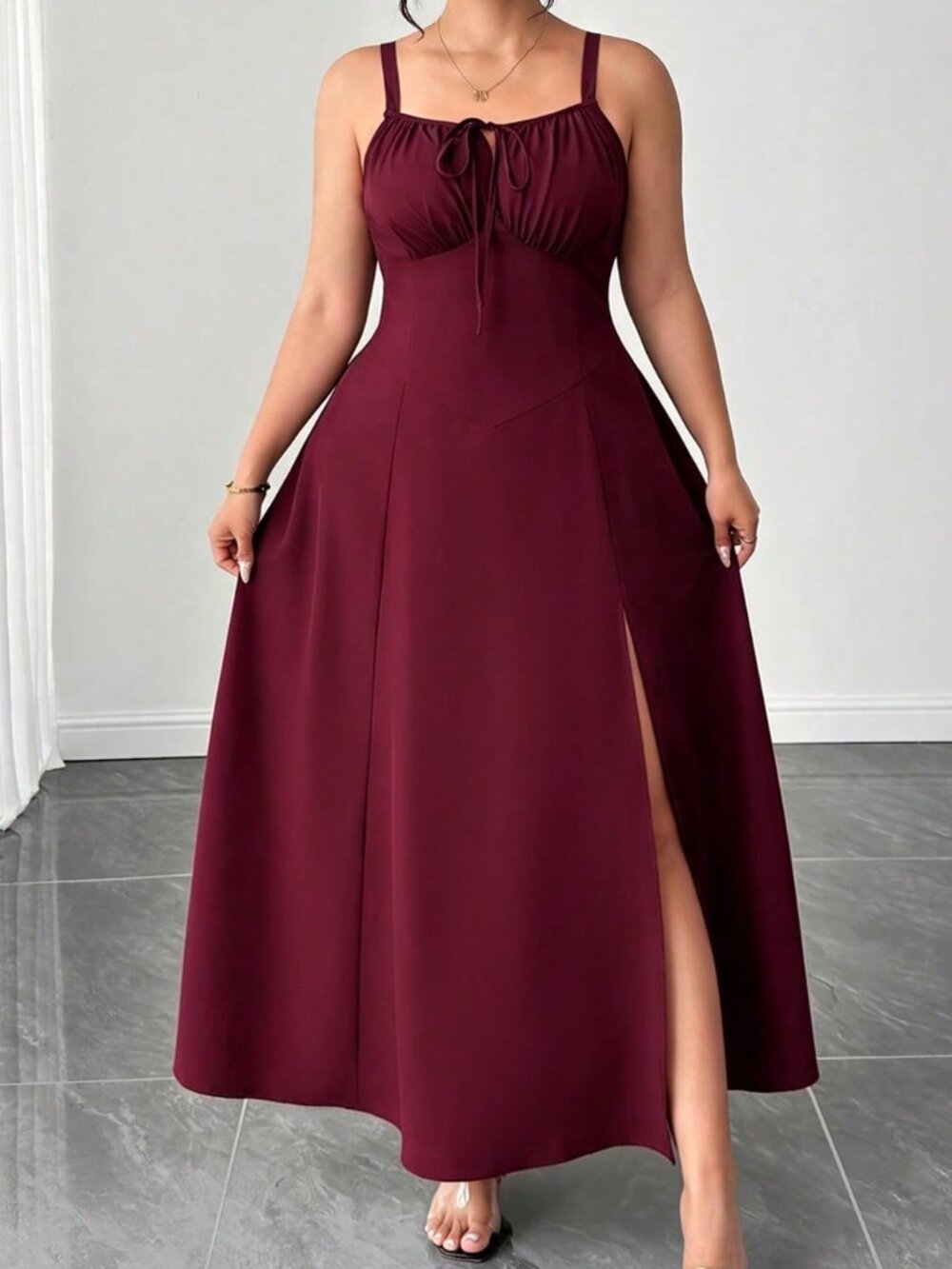 Burgundy Casual Women's Slim Fit Puff Sleeve High-Waisted Long Dress - Picture 1 of 4